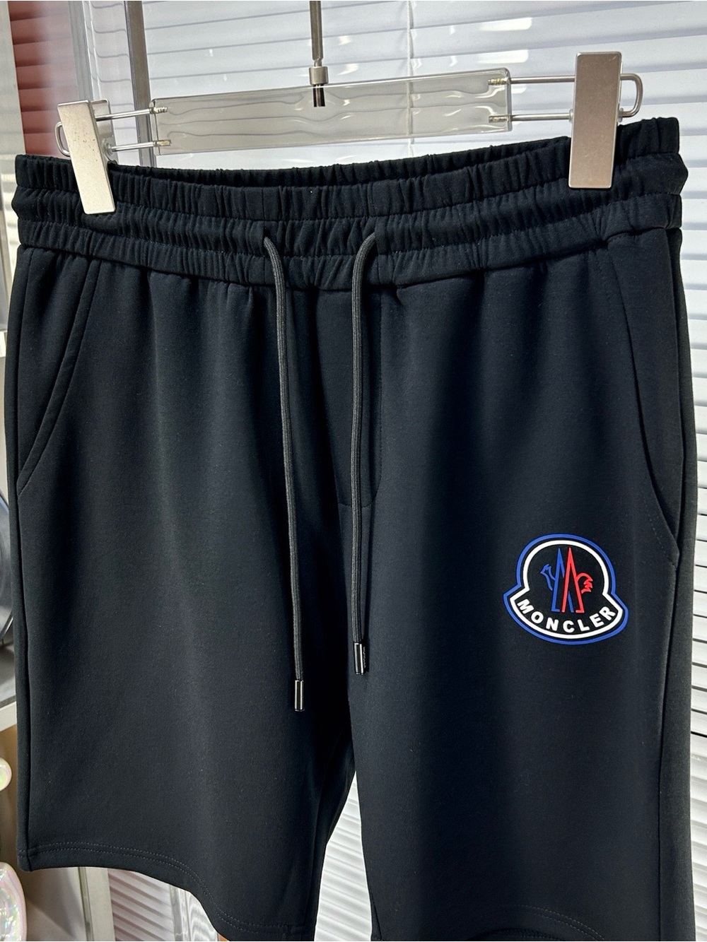 Moncler Black Drawstring Logo Shorts with Red & Blue Patch